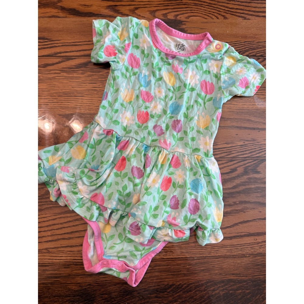 Birdie Bean Bodysuit Dress Toddler 2T Mint Floral Bamboo Ruffle Skirt Snaps